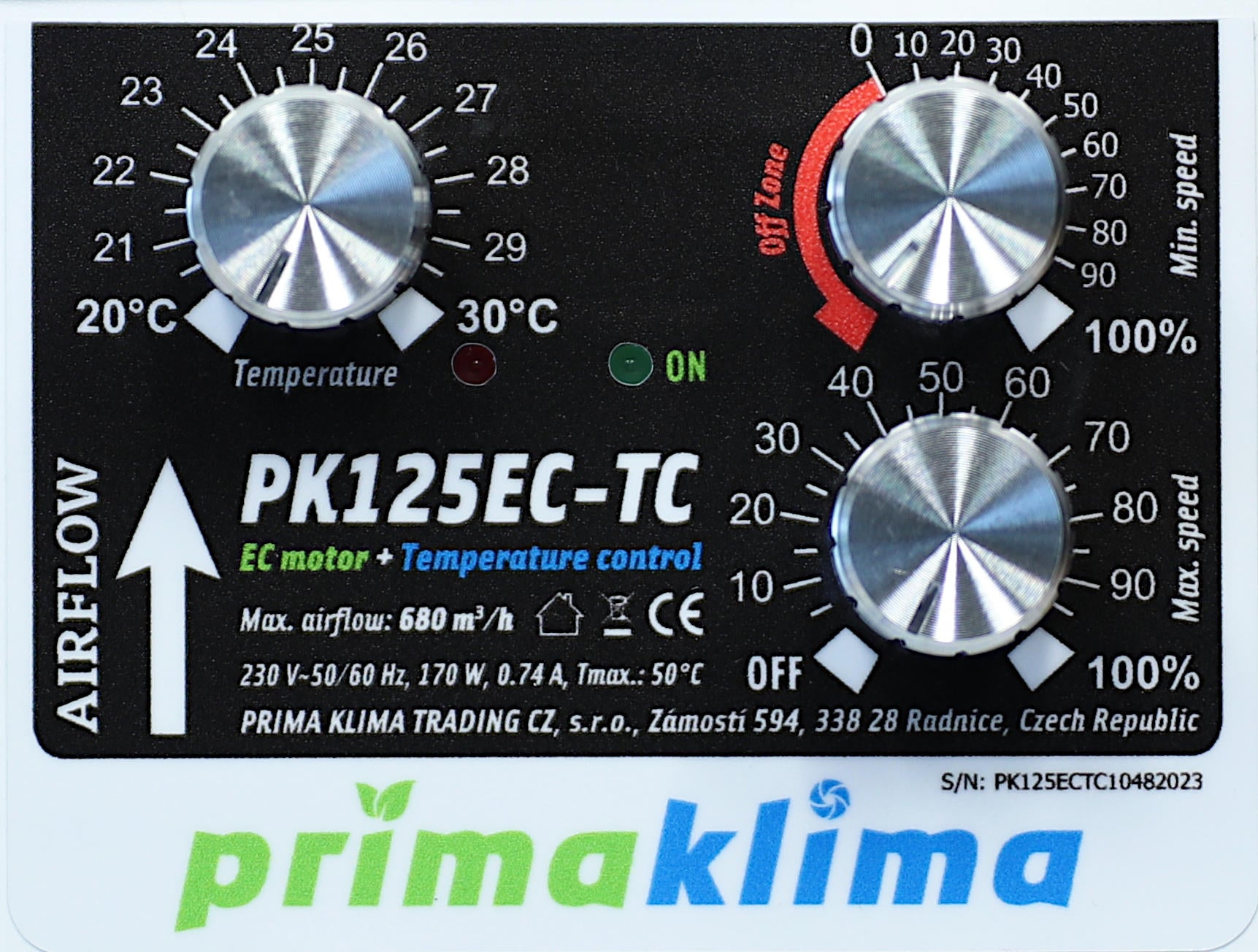 Detailansicht des Steuerpanels des Prima Klima PK125EC-TC Abluftventilators, optimale Kontrolle für Growbox und Indoor Grow.