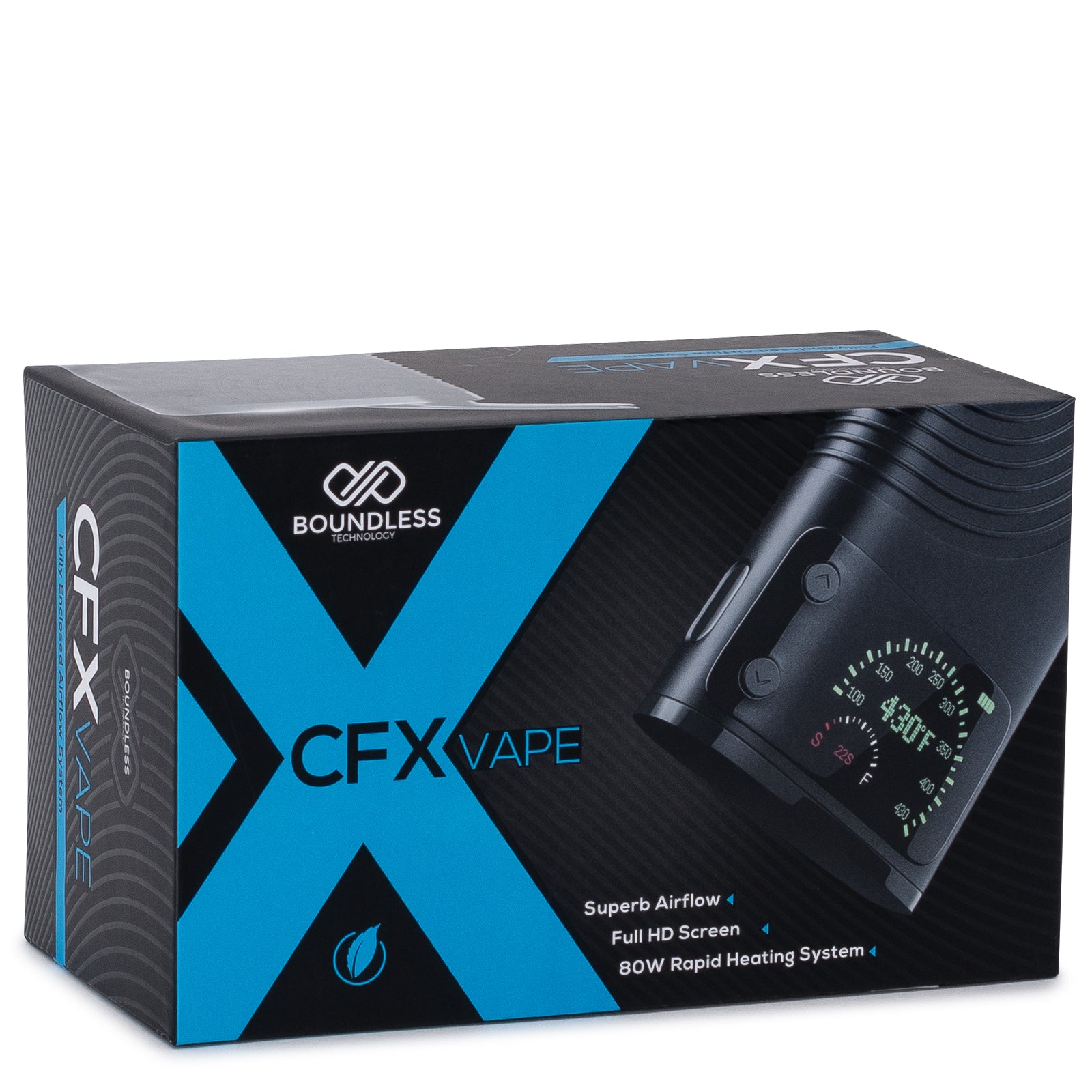 Verpackung des Boundless CFX Vaporizers mit Produktbild und Spezifikationen