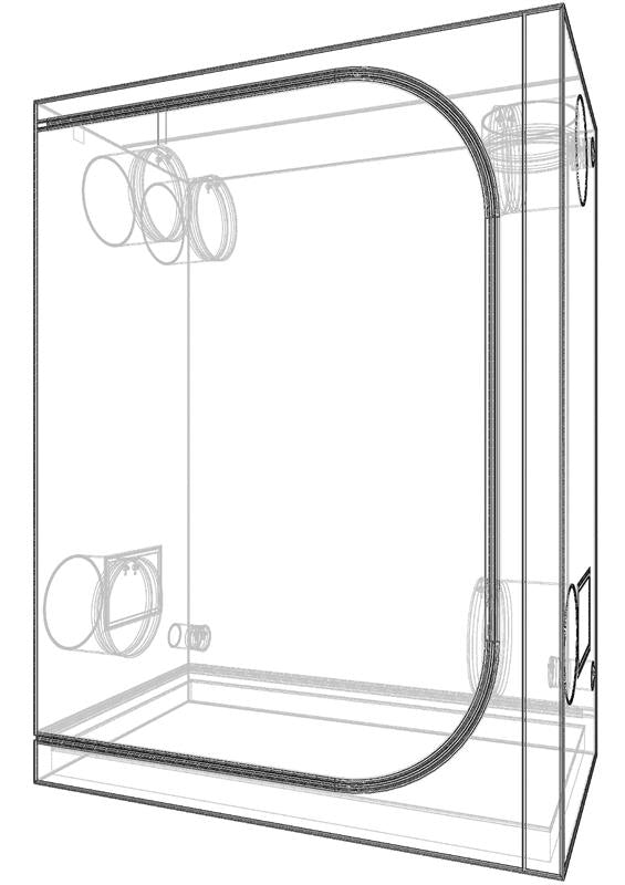 Transparente Drahtmodell-Ansicht des Secret Jardin Dark Room 150W Rev. 3.0, hervorhebend das Raumdesign und die Platzierung der Belüftungsöffnungen.