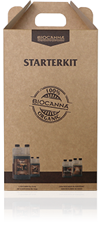 BIOCANNA Starterkit Verpackung aus Karton mit Aufdruck '100% NATURAL ORGANIC', inklusive visueller Darstellung der enthaltenen Düngerprodukte für den biologischen Pflanzenanbau.