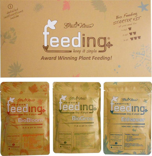 Green House Powder Feeding Bio Feeding Starter Kit mit BioBloom, BioGrow und Enhancer Düngerpackungen für umfassende Pflanzenernährung und Wachstumsförderung.