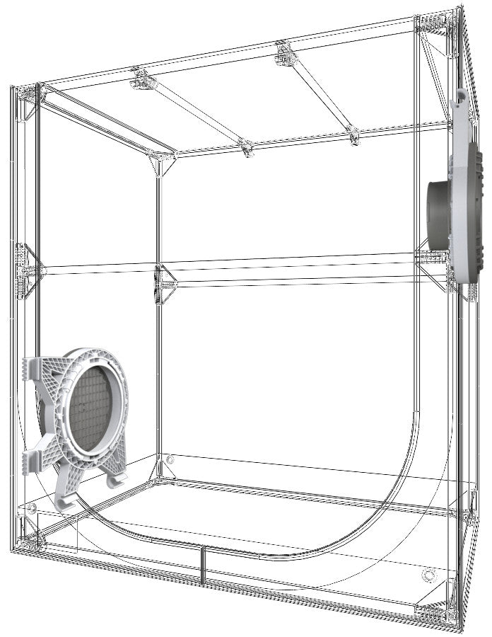 Im Lieferumfang enthaltenes Zubehör des Secret Jardin Dark Propagator DP90 Rev. 4.0 Growzelts, mit Duktionsflanschstützen, Lichtschacht, Duktionsflanschverbinder und Kabeldurchführung Einzelsockel.