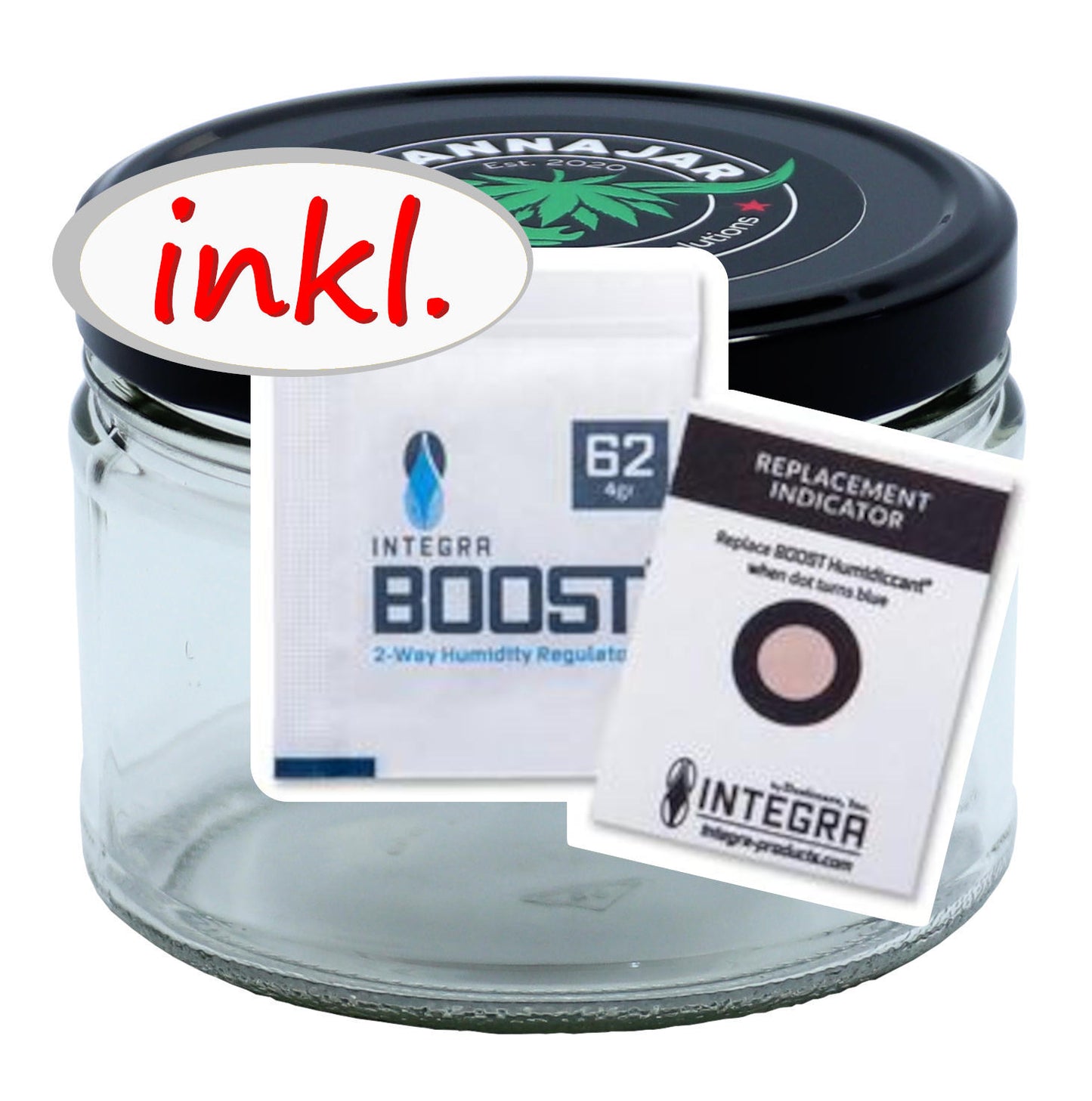 CannaJar Glas mit Integra Boost Feuchtigkeitsregler für optimale Frische und Erhalt von Aromen, inklusive Ersatzindikator.