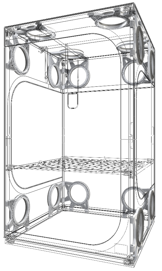 Detaillierte Draufsicht des Secret Jardin Dark Propagator DP120 Rev. 4.0 mit sichtbaren Belüftungsöffnungen und Kabelmanagement, ideal für technische Einblicke in die Belüftungskonfiguration.