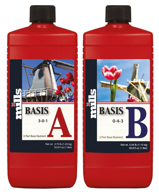 Zwei Flaschen des Mills Basis A+B Düngersets, jeweils 1 Liter, mit NPK-Werten von 3-0-1 für Basis A und 0-4-3 für Basis B, entwickelt für kräftiges Wachstum und üppige Blüte.