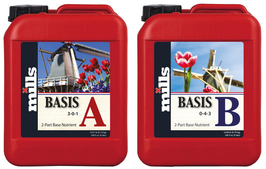 Zwei große Kanister des Mills Basis A+B Düngemittels mit jeweils 5 Litern, Formel 3-0-1 für Basis A und 0-4-3 für Basis B, entworfen für verbessertes Pflanzenwachstum und Blüte.