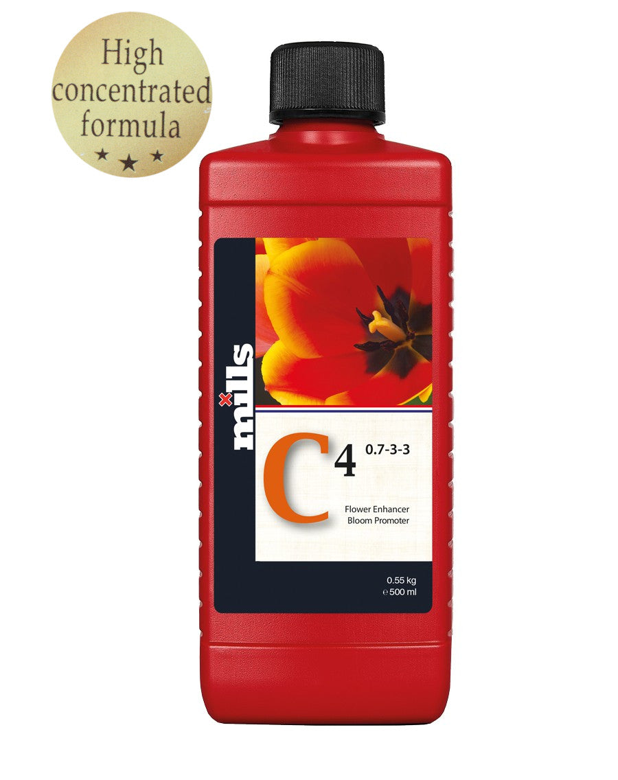 Flasche des Mills C4 500ml Düngemittels mit hoher Konzentration für Blumen, mit sichtbarer NPK-Formel 0.7-3-3 und Tulpenbild auf der Vorderseite.