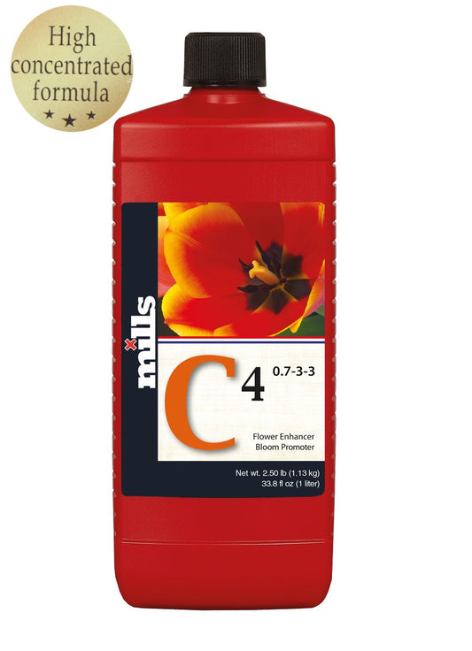 1-Liter-Flasche von Mills C4 Düngemittel mit hoher Konzentration und Tulpenbild, ideal für die Blüteförderung von Pflanzen, mit NPK-Werten 0.7-3-3.