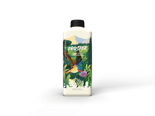 1-Liter-Flasche des Crazy Hills Prosper organischen Blühdüngers mit einer farbenfrohen Darstellung von Fauna und Flora.