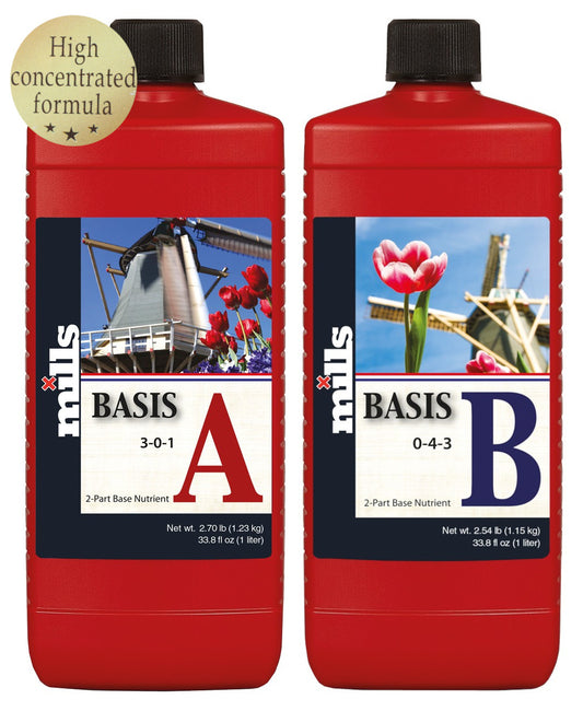 Mills Basis A und Basis B Düngemittel Flaschen, High Concentrated Formel, mit traditionellen niederländischen Windmühlen und Tulpen auf dem Etikett.