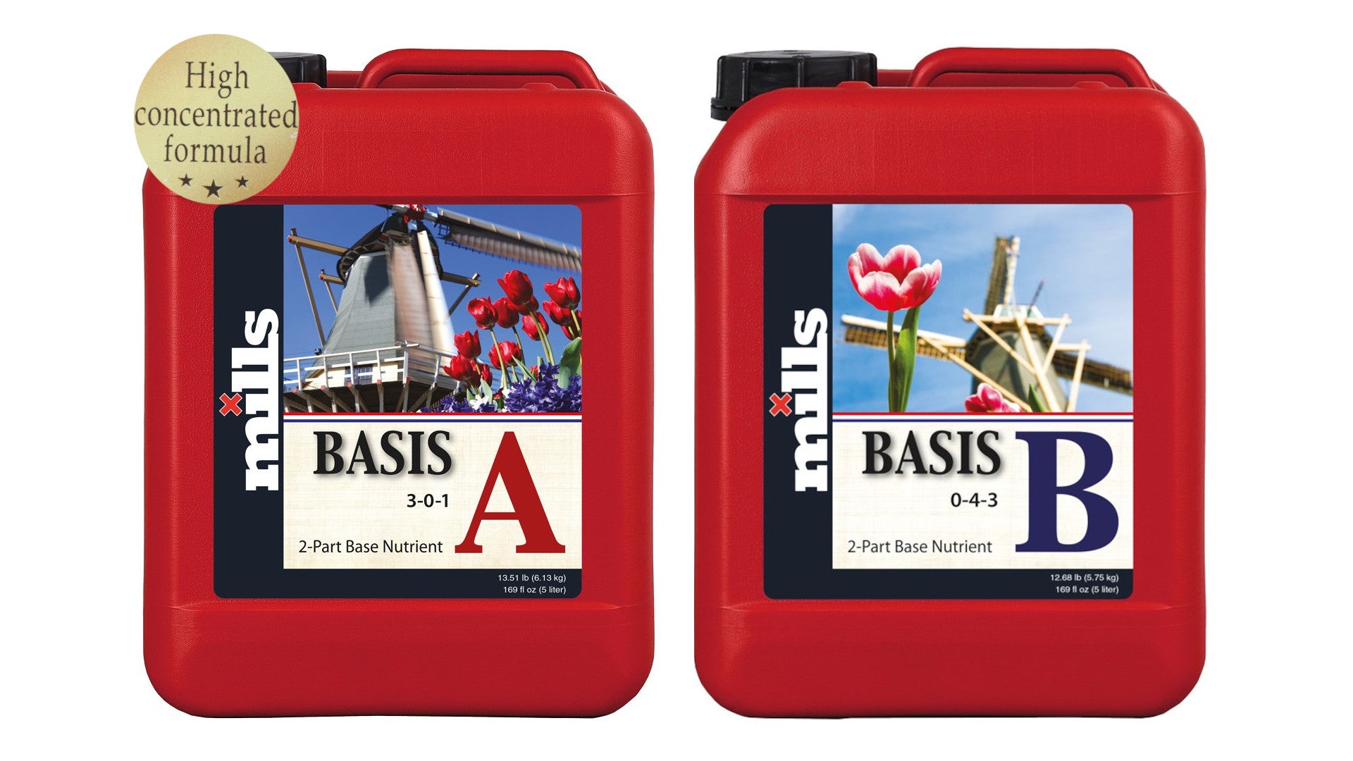 5-Liter-Kanister von Mills Basis A und B Dünger mit hochkonzentrierter Formel für Pflanzenwachstum und Blüte, abgebildet mit ikonischen niederländischen Windmühlen und Tulpen im Hintergrund.