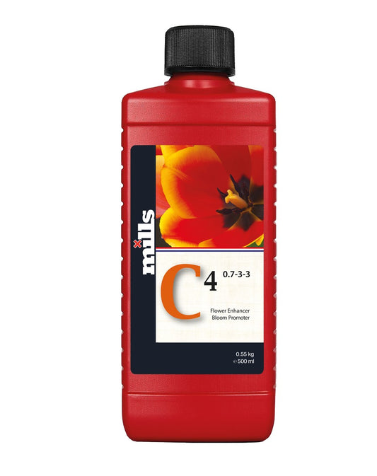 500ml Flasche von Mills C4 Blütenverstärker und Blütenförderer mit klarer Kennzeichnung der Nährstoffverhältnisse 0.7-3-3 und einer leuchtenden Tulpe auf dem Etikett.