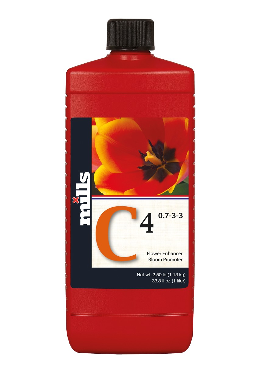 1-Liter-Flasche von Mills C4 Blütenverstärker, mit Produktinformation und Nährstoffverhältnisangabe von 0.7-3-3, verpackt in einer auffälligen roten Flasche mit einem Bild einer blühenden Tulpe.