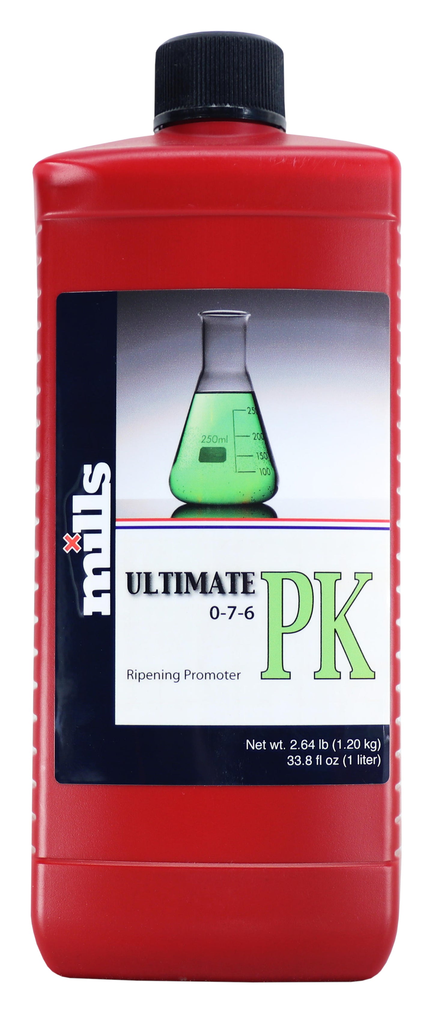 1-Liter-Flasche von Mills Ultimate PK mit einem Verhältnis von 0-7-6, gekennzeichnet als Reifeförderer, verpackt in einem markanten roten Behälter mit einem Erlenmeyerkolben im Laborstil auf dem Etikett.