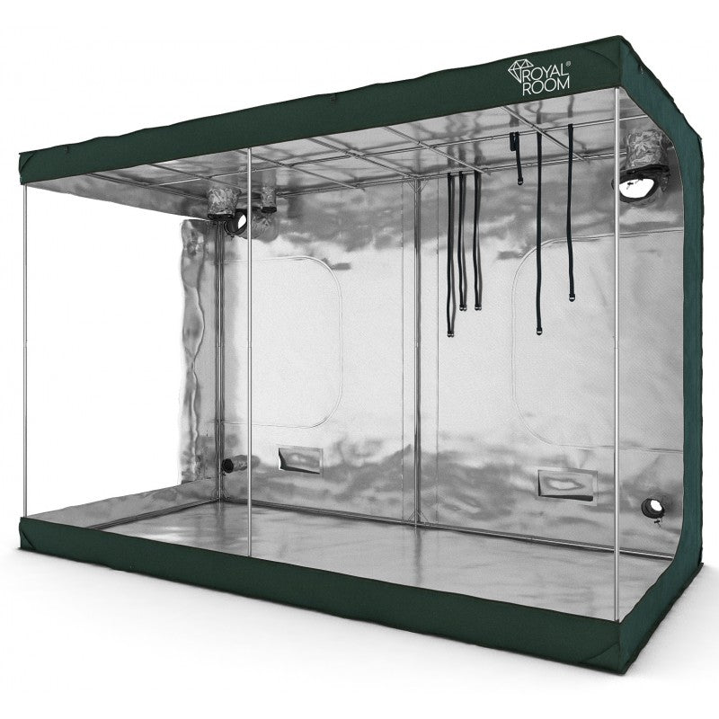 RoyalRoom Classic C240S Growbox geöffnet, Innenansicht mit reflektierender Mylar-Folie, Belüftungssystem und Kabelöffnungen für Pflanzenzucht.