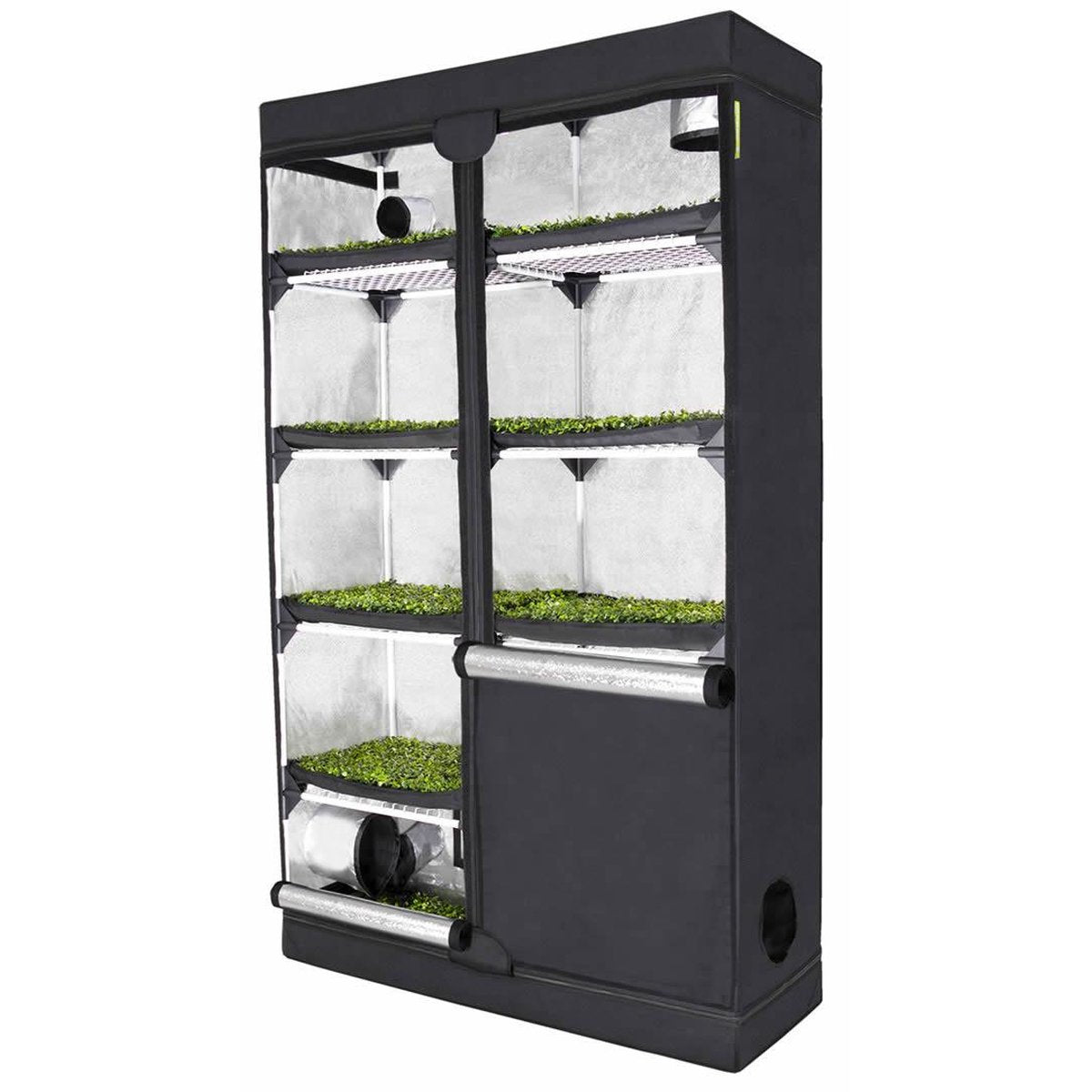 Frontalansicht der geöffneten GHP Probox Propagator XL Growbox, zeigt die umfangreiche Innenstruktur mit mehreren Ebenen für die effiziente Aufzucht einer großen Anzahl von Pflanzen.