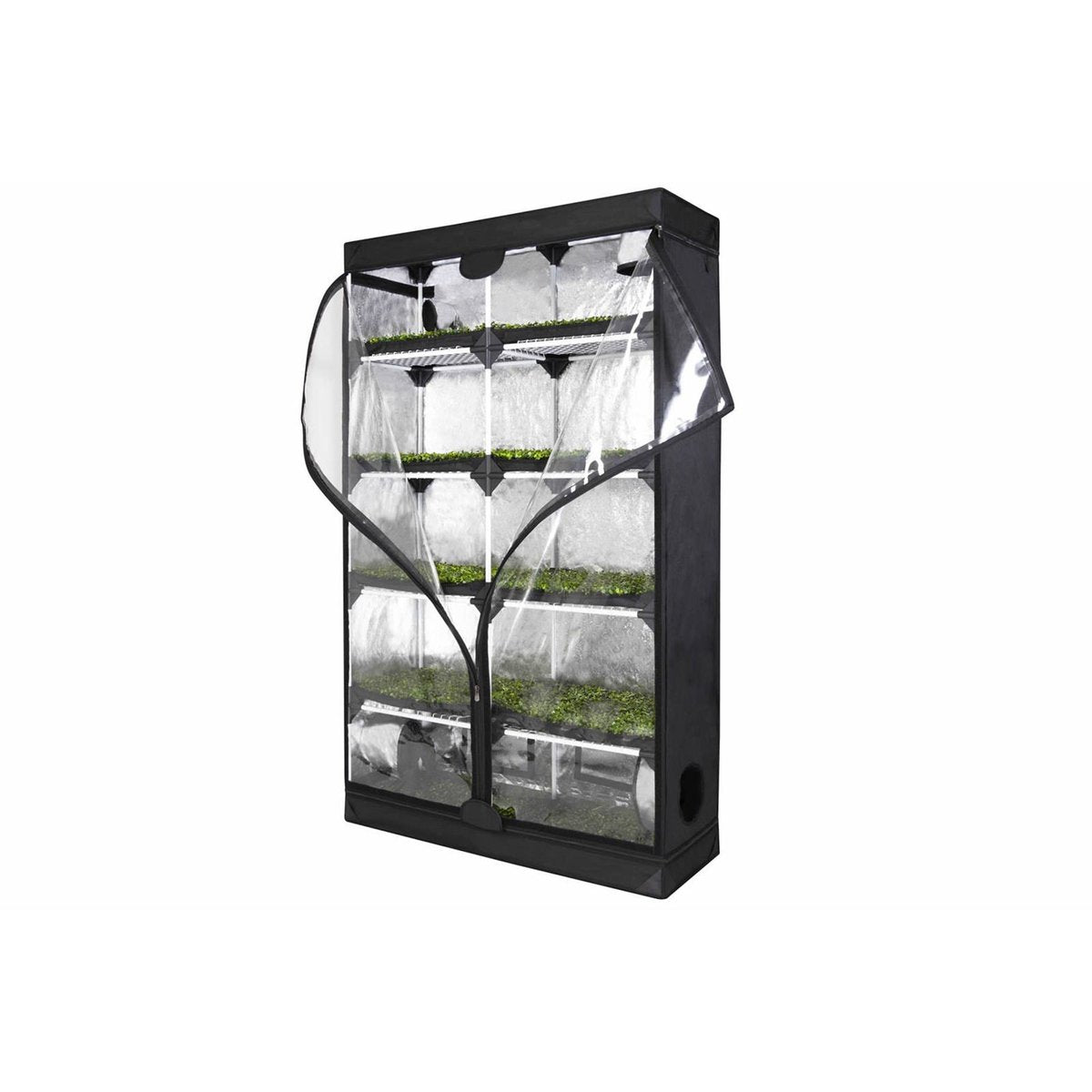 Ansicht der GHP Probox Propagator XL Growbox von rechts frontal geöffnet, demonstriert den leichten Zugang zu den Trays und die durchdachte Raumnutzung für die Pflanzenaufzucht.