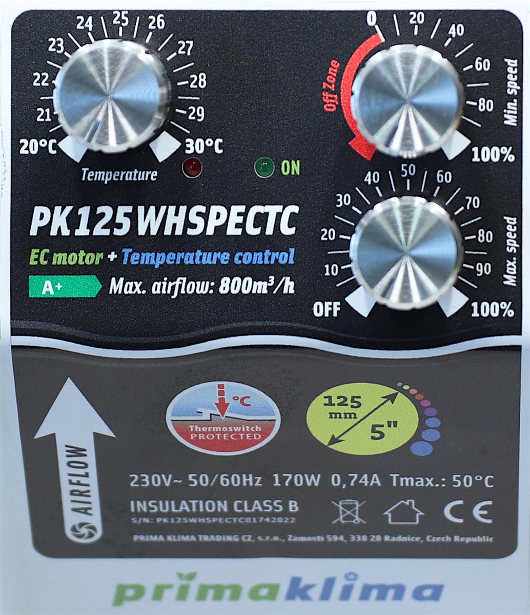 Nahaufnahme des Regelpanels des Prima Klima PK125WHSPECTC Abluftventilators mit Temperatureinstellung für optimales Growbox-Klimamanagement.