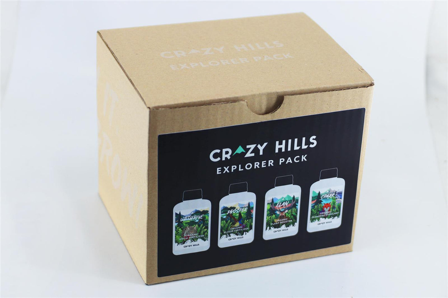 Verpackung des Crazy Hills Explorer Packs, ein Set aus biologischen Düngemitteln, präsentiert in einer umweltfreundlichen Kartonbox mit sichtbaren Produktabbildungen.