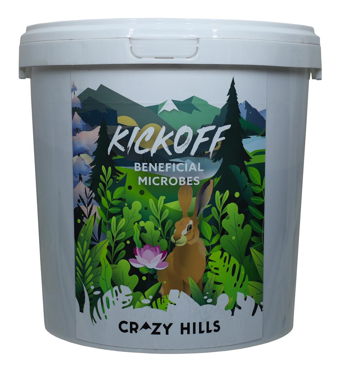 5kg Eimer von Crazy Hills Kickoff, ein natürliches Produkt zur Bodenverbesserung mit nützlichen Mikroben, abgebildet mit einem Hasen und einer blühenden Landschaft auf dem Etikett.