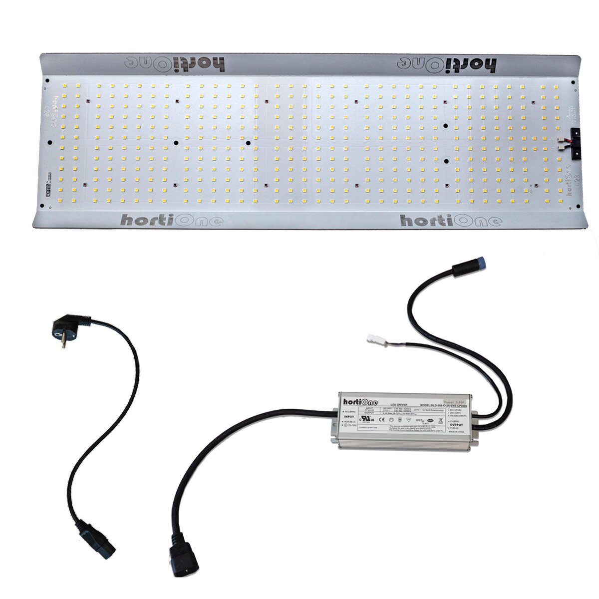 HortiONE 420 V3 LED 150 Watt Grow-Lichtsystem mit Netzteil und Anschlusskabeln.