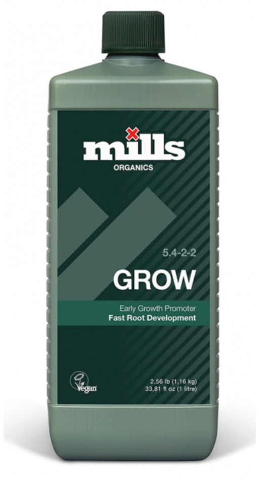 Flasche mit 1 Liter Mills Organics Grow Dünger, NPK 5-4-2, veganer Frühwachstumsförderer und Wurzelentwickler für Pflanzen, in umweltfreundlicher Verpackung.