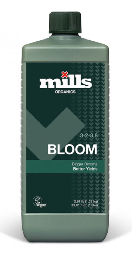 1-Liter-Flasche Mills Organics Bloom Dünger, NPK 3-2-3.8, für größere Blüten und bessere Erträge, vegan zertifiziert und nachhaltig für den Gartenbau.