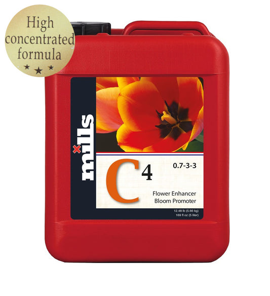 5-Liter-Kanister von Mills C4 Düngemittel mit hoher Konzentration und einem Bild einer Tulpe, geeignet zur Blütenförderung mit Angabe der NPK-Werte 0.7-3-3.