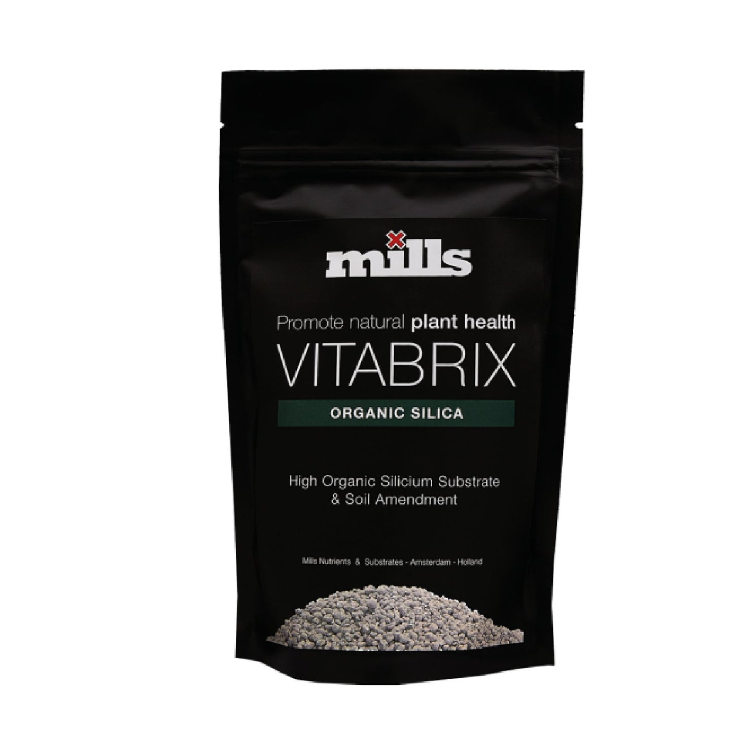 Verpackung von Mills Vitabrix, 0,3 kg organisches Siliziumsubstrat zur Bodenverbesserung, fördert die Gesundheit von Pflanzen auf natürliche Weise, hergestellt in Amsterdam, Holland.