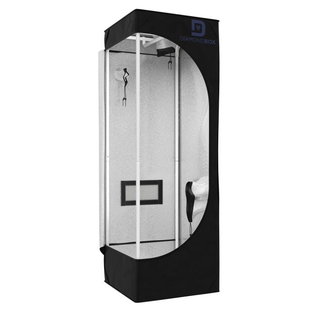 DiamondBox SL40 Growzelt mit eleganter schwarzer Abdeckung, Sichtfenster und innen montierten Halterungen und Reflektionsfolie.