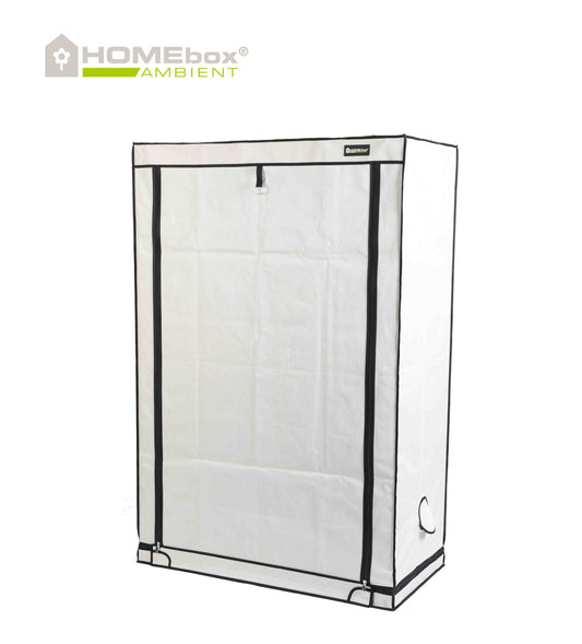 Seitenansicht der geschlossenen HOMEbox® Ambient R120S, hervorhebend das stabile Rahmengestänge und die robuste 600D Folienstärke für Langlebigkeit und Schutz der Pflanzen.