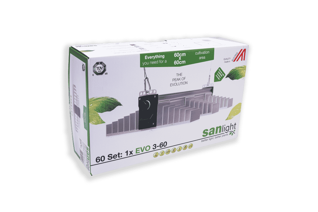 SANlight EVO 3-60 200W LED Grow Lampe in Aktion – Hochwertige Beleuchtungslösung für effizientes Indoor Pflanzenwachstum bei Vetter-Grow.