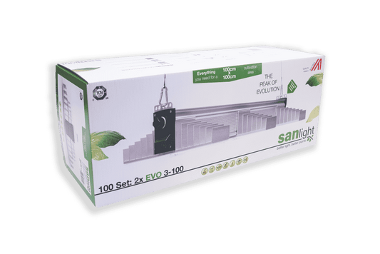 Verpackung des SANlight EVO 3-100 400W LED-Wachstumslampen-Sets, das alles für eine 100cm x 100cm Anbaufläche bietet, symbolisiert die Spitze der Pflanzenbeleuchtungsevolution.