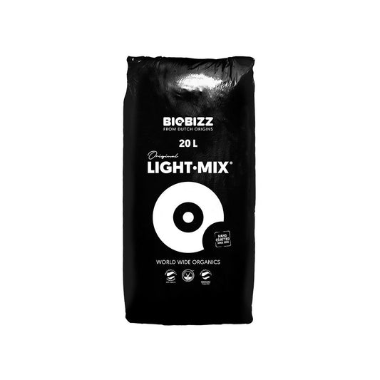20 Liter Sack Biobizz Light-Mix Anzuchterde in schwarzem Verpackungsdesign mit Bio- und Öko-Zertifizierungssiegeln