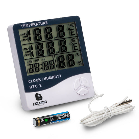 Caluma Thermo-Hygrometer mit LC-Bildschirm, Kalender- und Weckerfunktion zur Kontrolle von Temperatur und Luftfeuchtigkeit, inkl. Batterie und Temperaturfühler