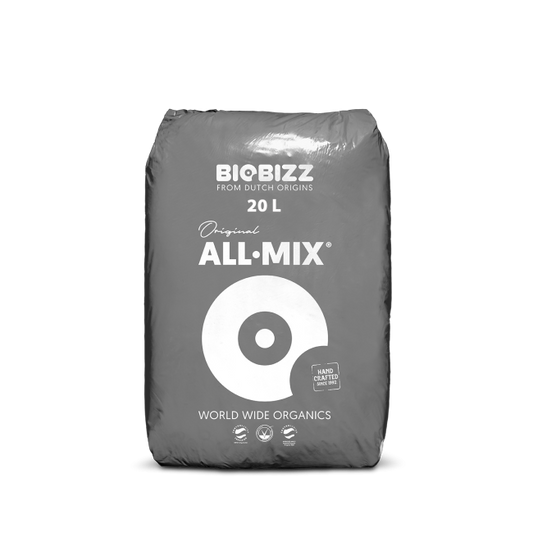 20-Liter-Sack BioBizz All-Mix organische Blüteerde in grauer Verpackung mit dem Markenzeichen für weltweite Bio-Qualität