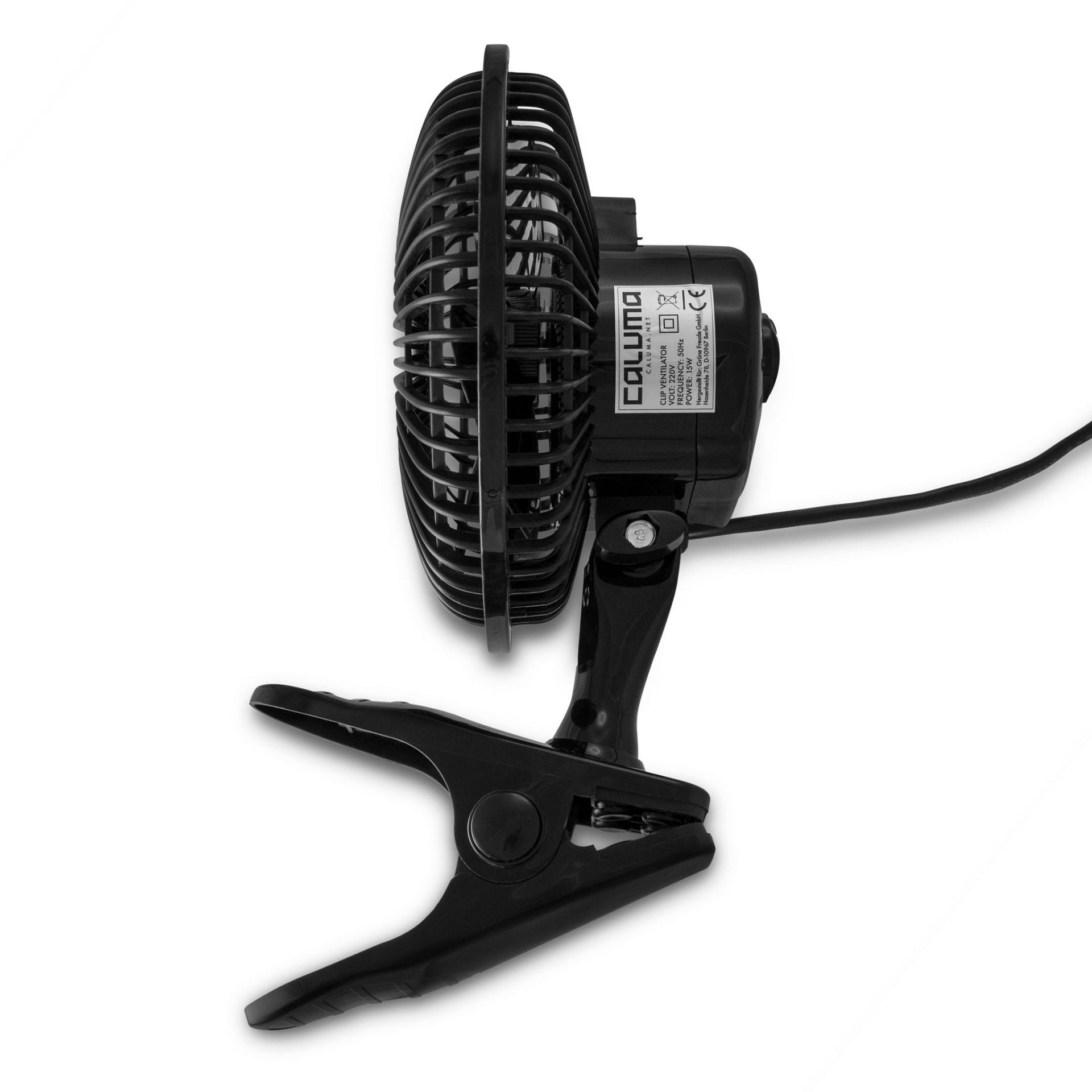 Seitenansicht des Caluma Clip Ventilators 15W mit Clipbefestigung, schwarzes Design, 15 cm Durchmesser. Leistungsstarker und leiser Ventilator mit zwei Geschwindigkeitsstufen für flexible Nutzung in Growboxen.