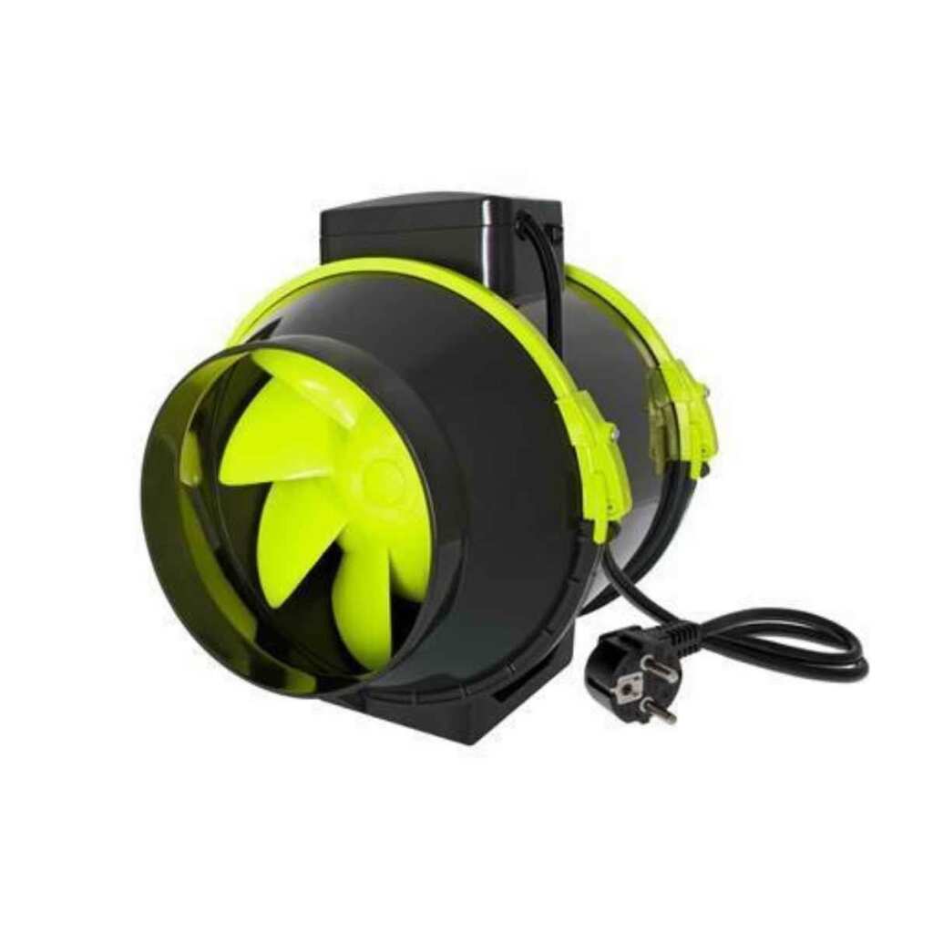 Profan TT 150 Extraktor Ventilator von Garden Highpro, 2-stufig, für Homegrow Abluft- und Zuluftsysteme in Growboxen, mit auffälligem grünen Blatt und schwarzem Gehäuse.