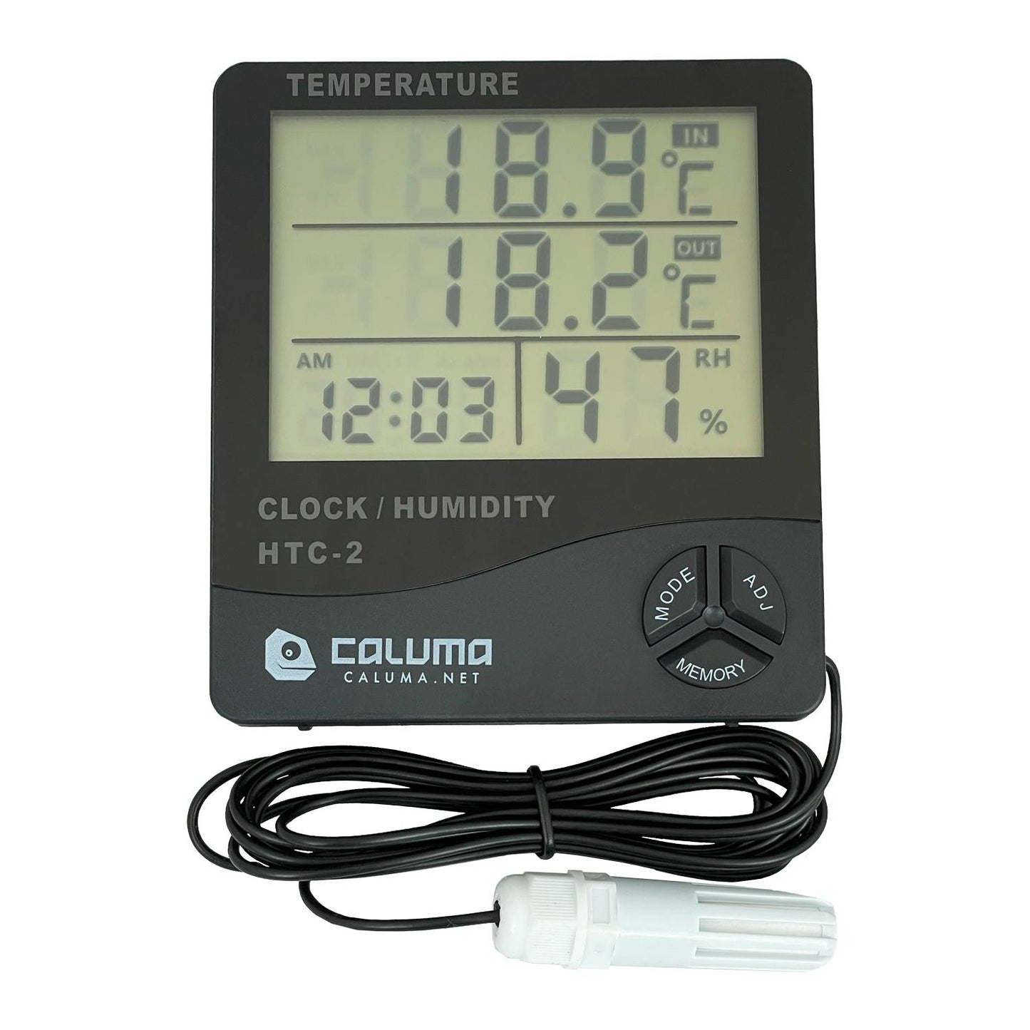 Caluma Thermo-Hygrometer HTC-2 mit externer LF-Sonde und großem Display, das Temperatur, Luftfeuchtigkeit und Uhrzeit anzeigt, ideal für präzise Klimaüberwachung in Pflanzenzelten.