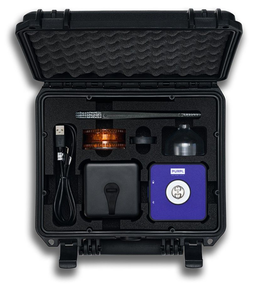 Purpl PRO THC-Messgerät im robusten Transportkoffer mit Zubehör – inklusive Kalibrierpatrone, Grinder, USB-Kabel, Reinigungsbürste und Anleitung für mobile Laboranalysen