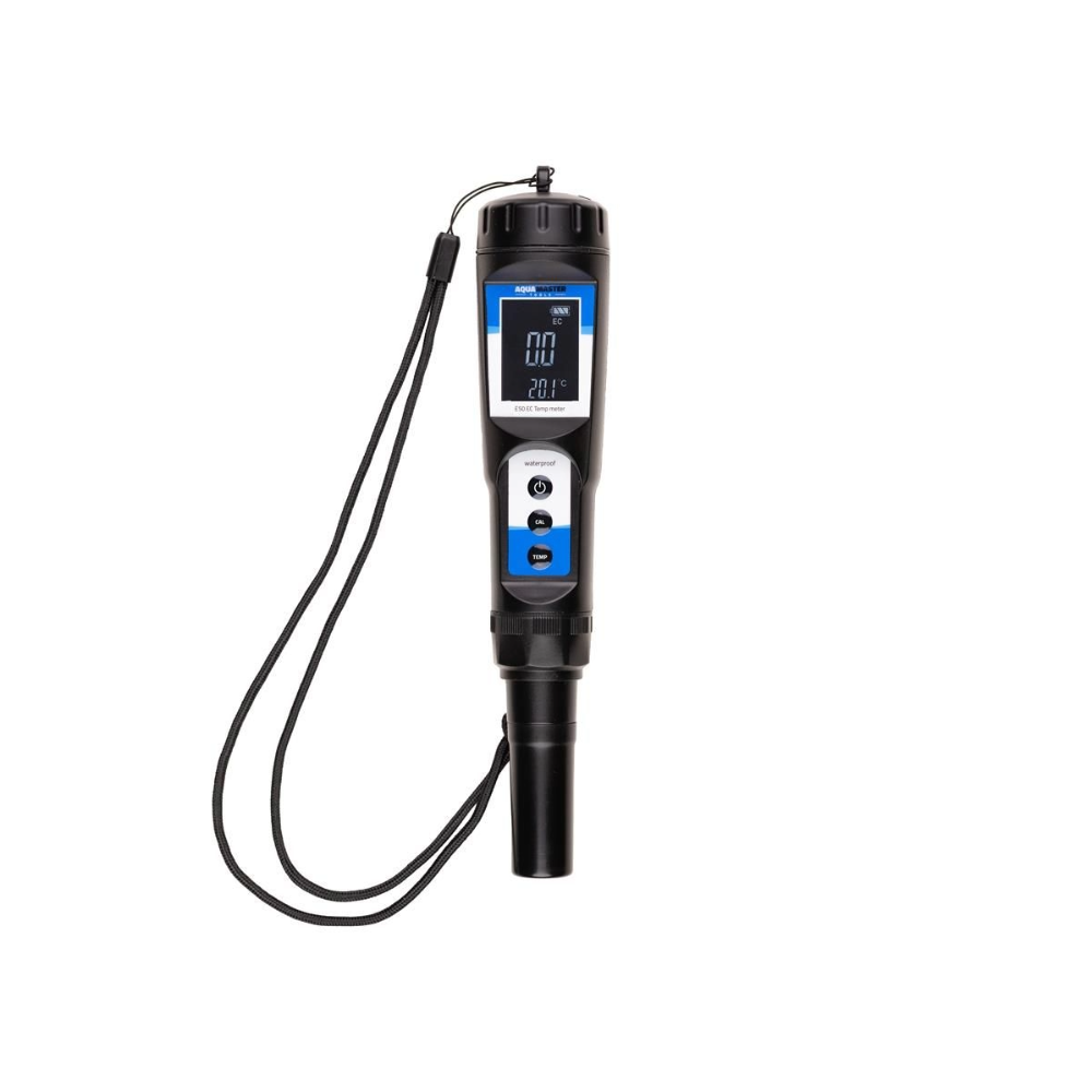Einsatzbereites Aqua Master Tools E50 Pro2 EC Temp Meter mit montierter Elektrode und praktischer Trageschlaufe