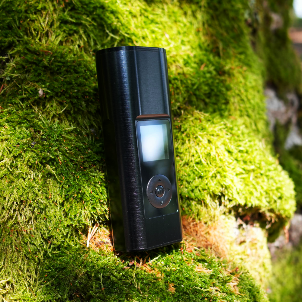 Arizer Solo 3 V2 mit Display lehnt an moosbewachsenem Baumstamm im natürlichen Waldumfeld