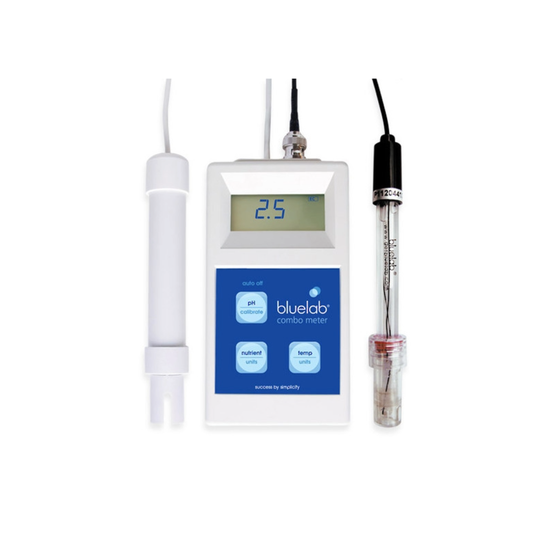 Bluelab Combo Meter für pH, EC und Temperaturmessung, mit zwei Sonden und großem Display zur genauen Überwachung von Nährstofflösungen in hydroponischen Systemen, ideal für professionelle Züchter.