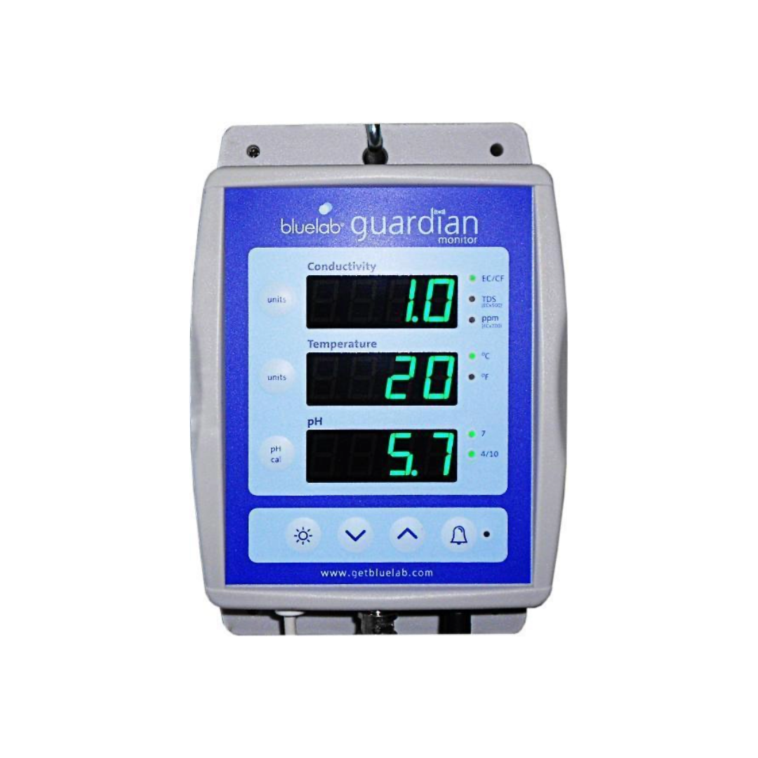 Bluelab Guardian Monitor für die kontinuierliche Überwachung von pH-, EC- und Temperaturwerten, ideal für Hydroponik und Nährstofflösungen, mit digitalem Display und Alarmfunktion für präzise Messungen.