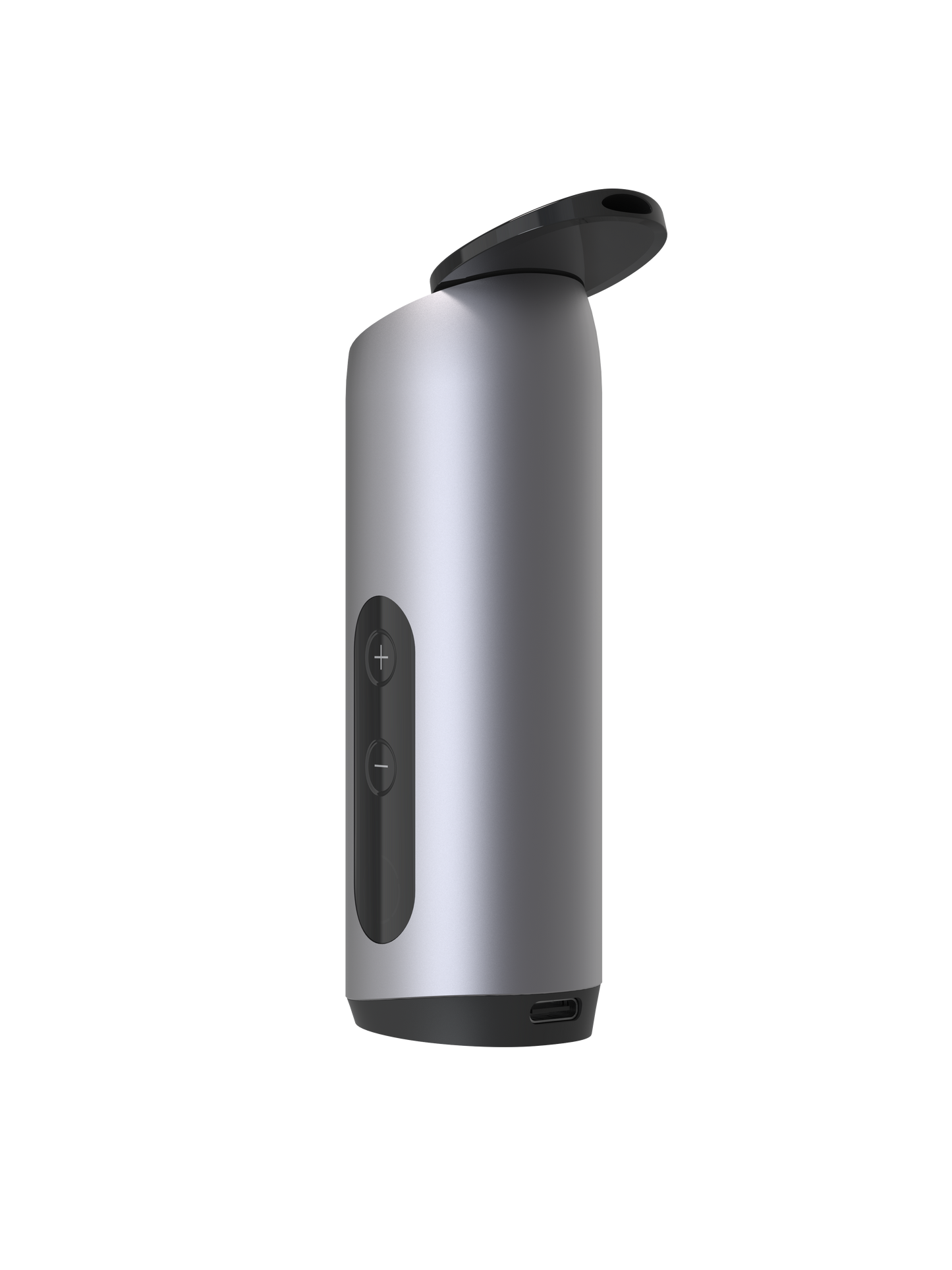 Seitenansicht des Auxo Celsius Vaporizers mit schlankem Profil, kompakter Größe und USB-C-Anschluss für schnelles Laden.