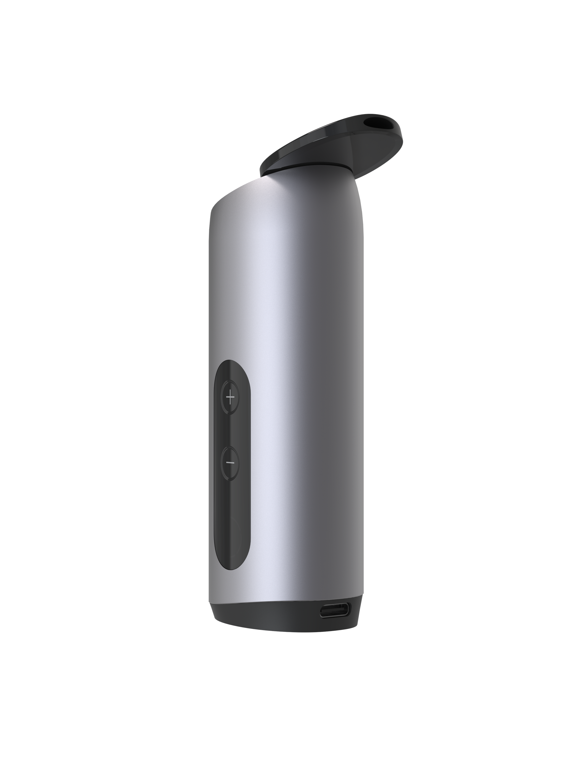 Seitenansicht des Auxo Celsius Vaporizers mit schlankem Profil, kompakter Größe und USB-C-Anschluss für schnelles Laden.