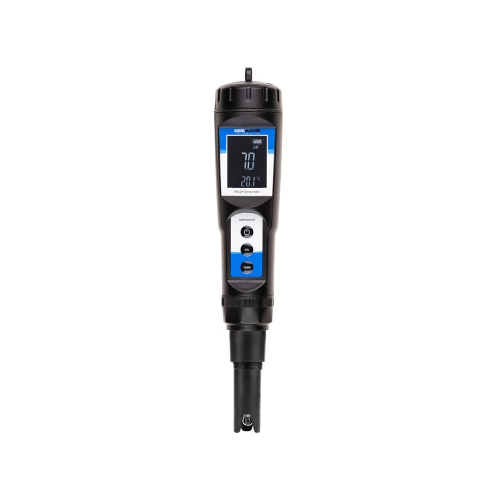Frontansicht des Aqua Master Tools P50 Pro2 pH Temp Meters mit aktivem Display – misst präzise pH-Wert und Temperatur in Echtzeit
