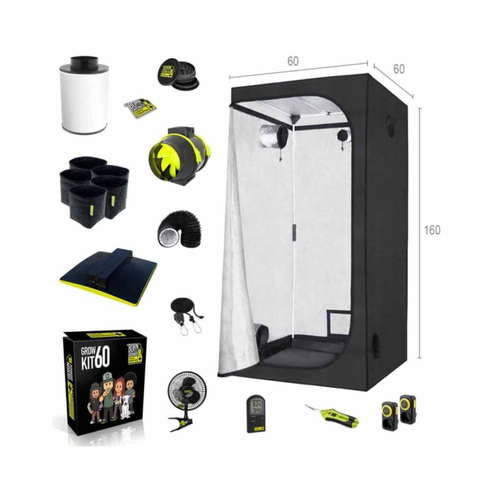 Abbildung des Growbox Komplettsets 60x60 mit allen enthaltenen Komponenten, inklusive Lüfter, Stofftöpfen und LED-Lampe von Garden Highpro.