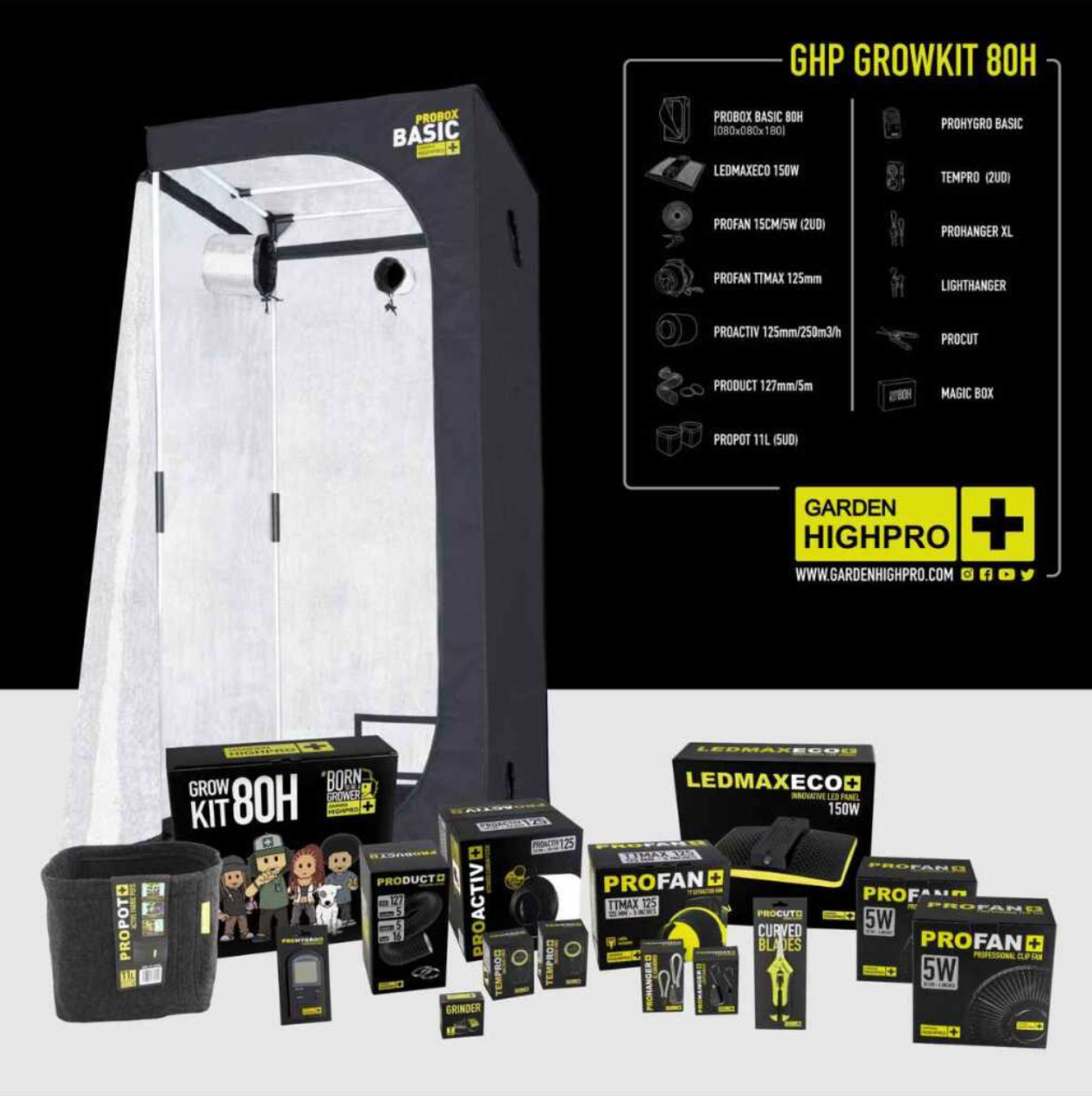 Garden Highpro Growkit 80H mit Lüfter, LED-Lampe, Stofftöpfen, Ernteschere, Thermo-Hygrometer und weiteren hochwertigen Zubehörteilen.