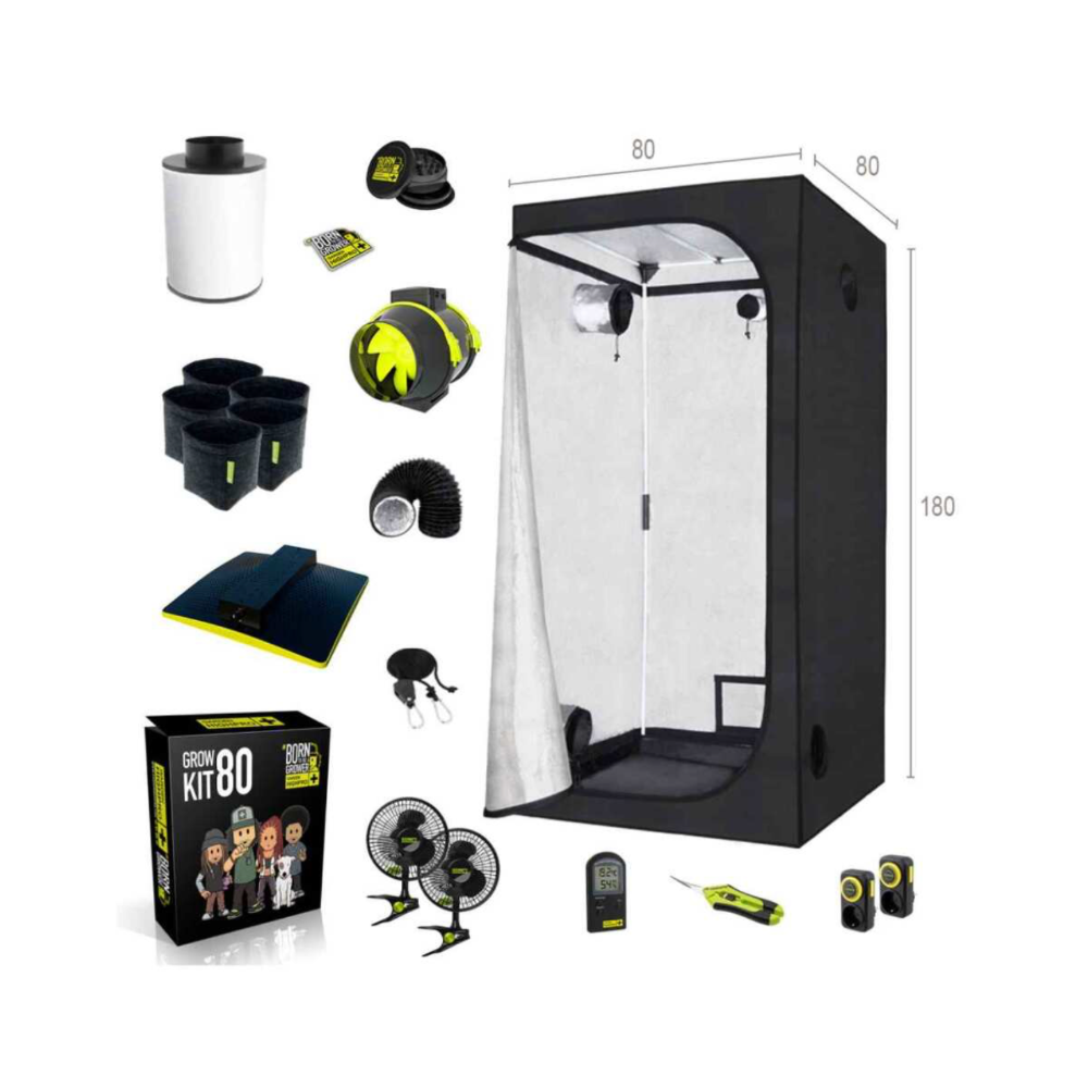 Abbildung des Growbox Sets Garden Highpro 80H mit LED-Leuchte, Lüftungssystem und Zubehör für Indoor-Gärtner.